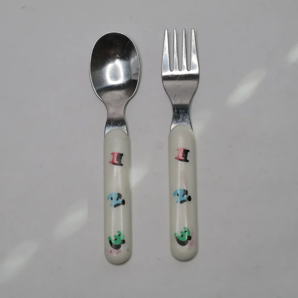 Vintage Kids Spoon and Fork Set White Handles with 1 2 3 Numbers Stainless Steel